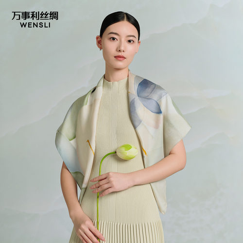 万事利100%桑蚕丝卷边丝巾披肩女双面印花大方巾生日礼物荷和美美