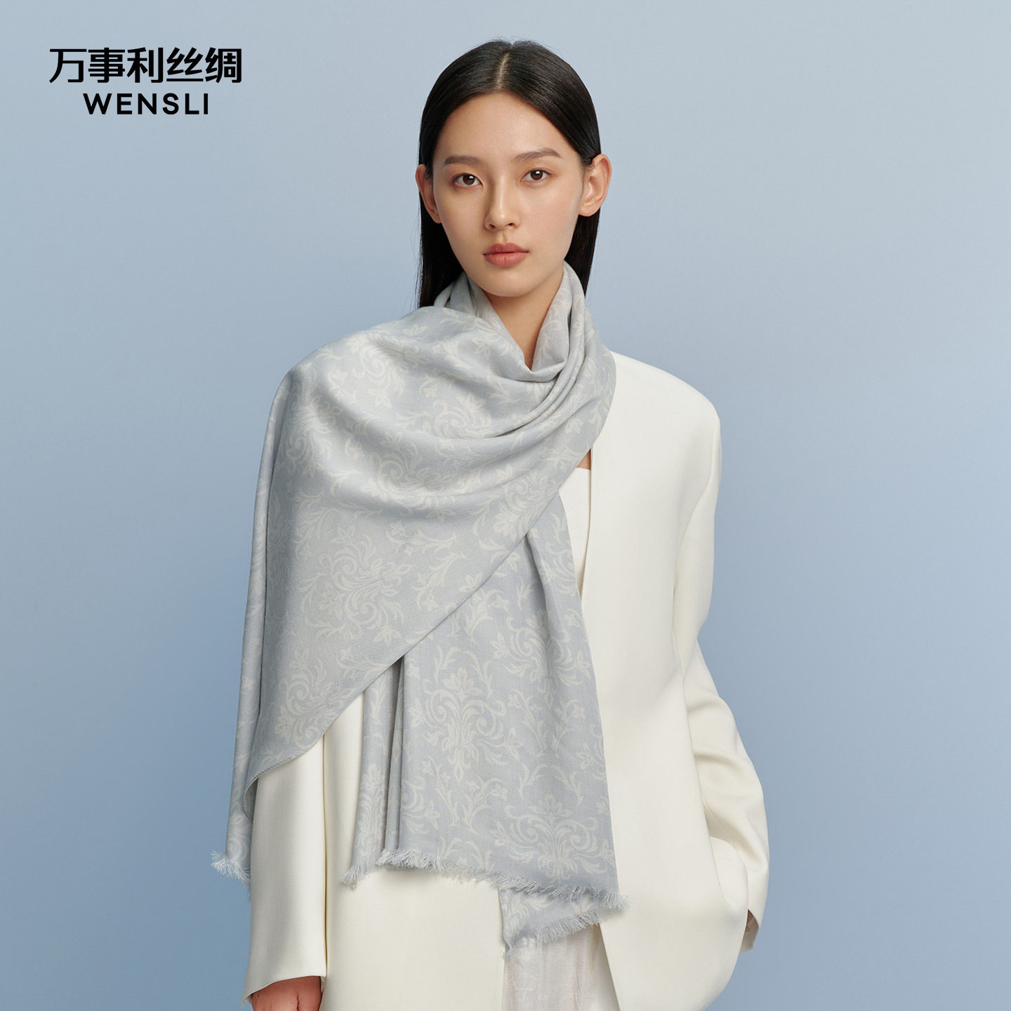 万事利26春夏新品围巾丝羊毛卷边围巾保暖披肩生日礼物岁岁生花