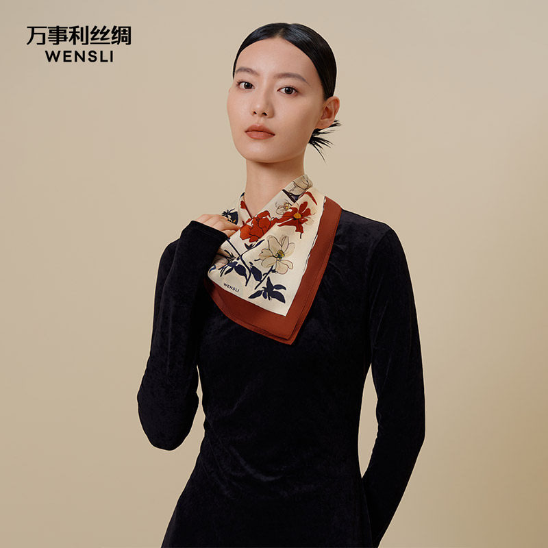 万事利新款100%桑蚕丝真丝丝巾女时尚百搭送礼礼物双面印花小方巾