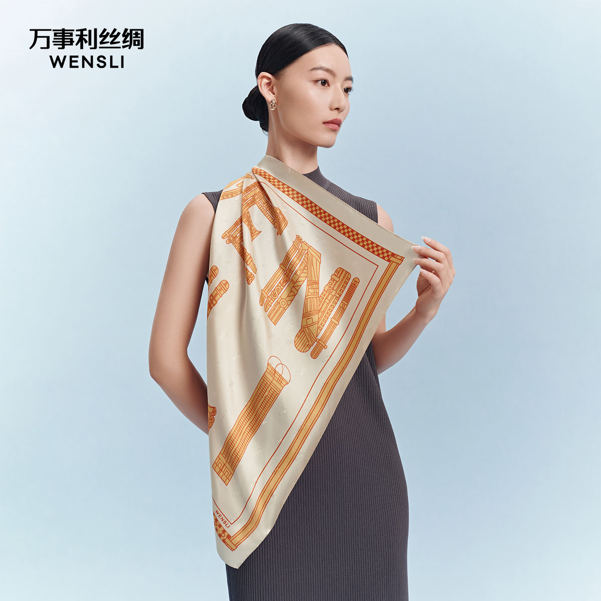 万事利2025新款100%桑蚕丝真丝丝巾送礼双面印花中方巾-SINCE1975