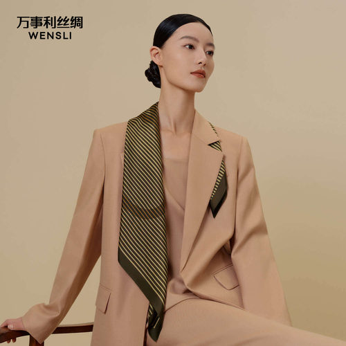万事利经典100%桑蚕丝真丝丝巾女送礼印花卷边中方巾线条幻想WS