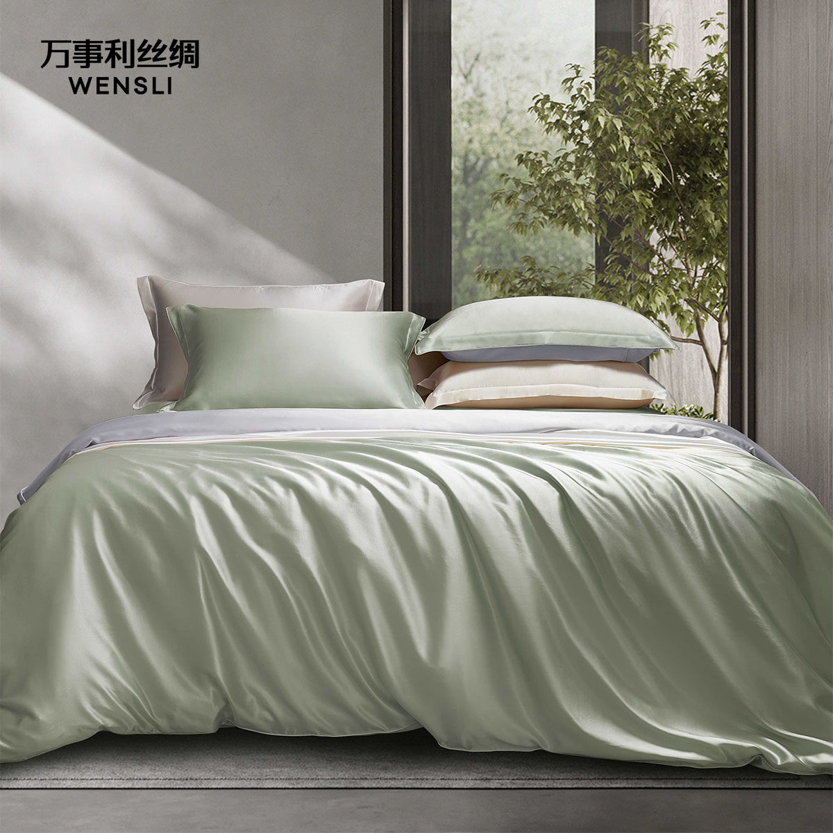 万事利新款真丝套件100%桑蚕丝床单被套四件套乔迁礼物-清梦