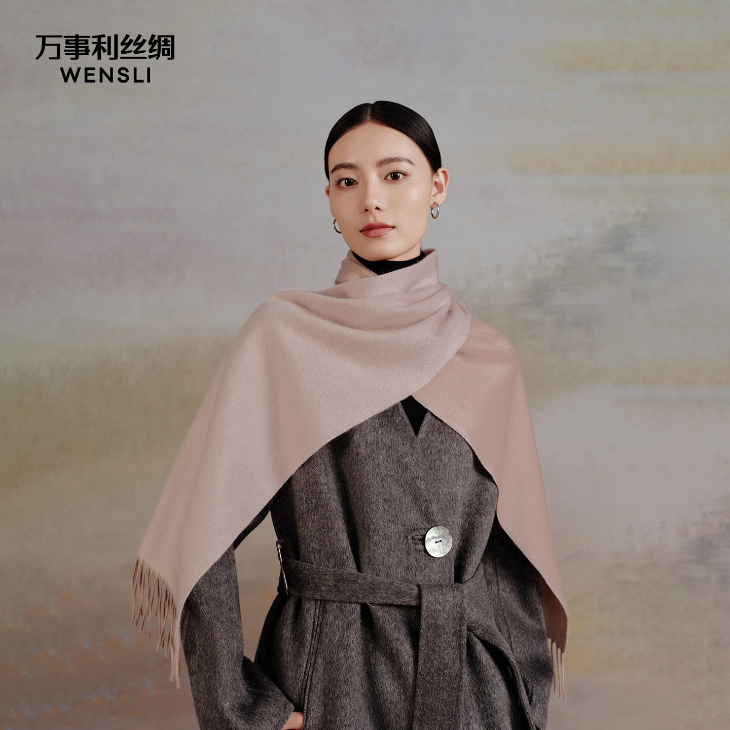 万事利秋冬新品羊绒纯色流苏围巾女保暖百搭情侣围脖-岁月如歌