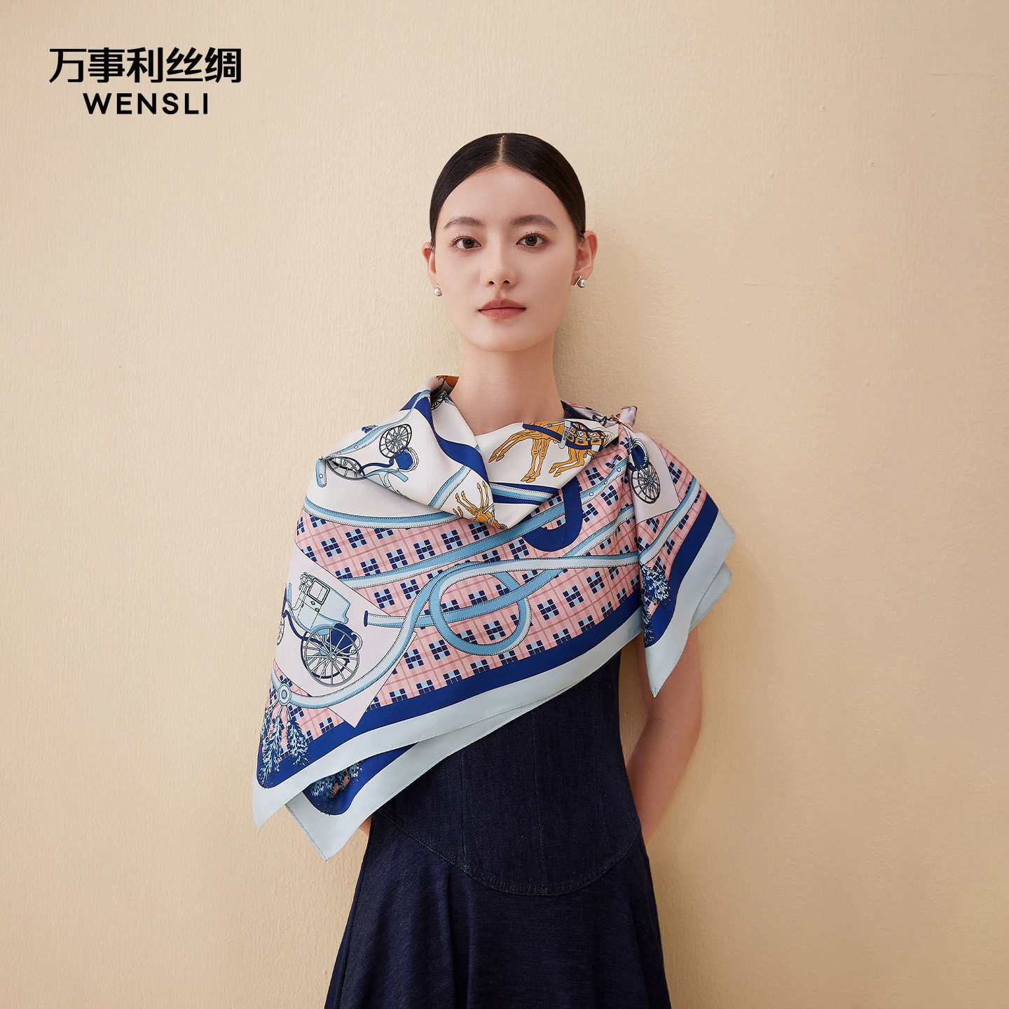 万事利春新品100%桑蚕丝真丝丝巾欧式链条印花大方巾88cm绣马