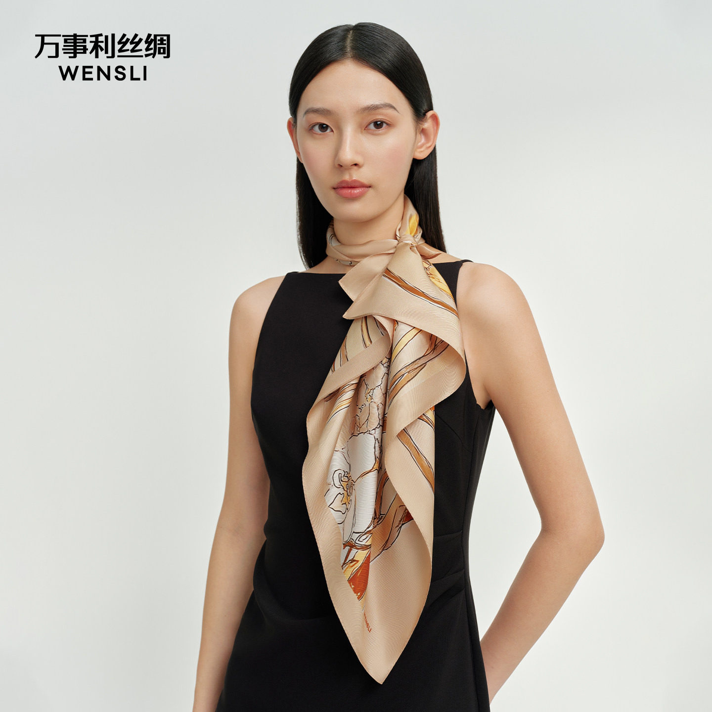 万事利26春夏新品真丝丝巾印花卷边中方巾百搭围脖女礼盒装有所爱