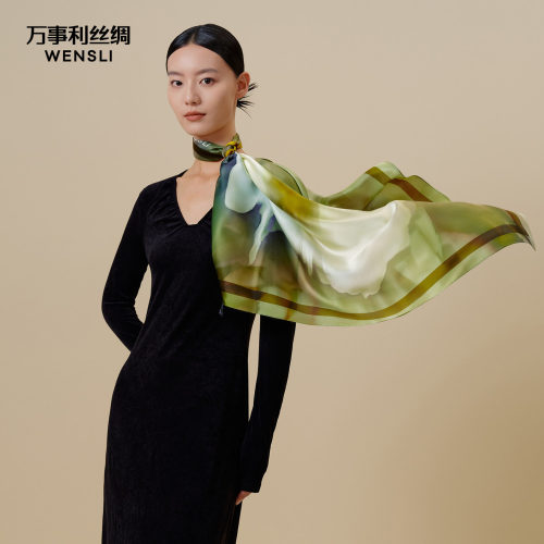万事利新品真丝丝巾女100%桑蚕丝节日送礼双面印花大方巾-挽朝霞
