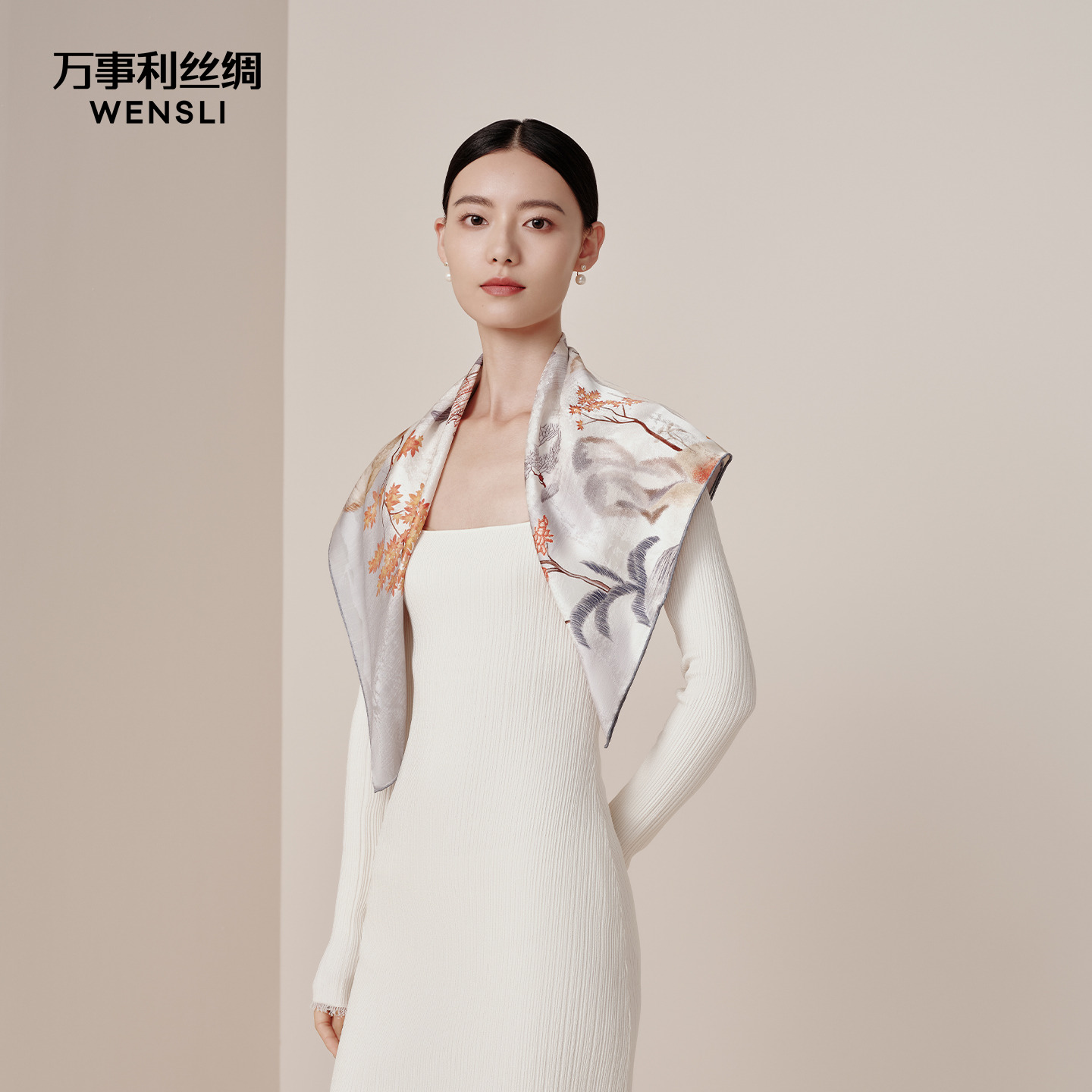 万事利重磅19姆米真丝丝巾女提花手工卷边工艺桑蚕丝中方巾杭城韵