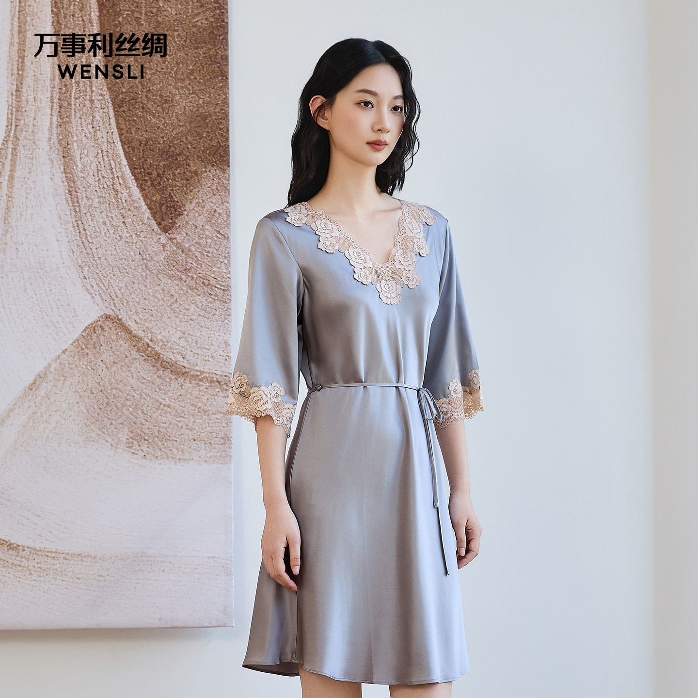 万事利真丝睡裙女性感睡衣丝绸睡衣100%桑蚕丝家居服女友礼物疏影