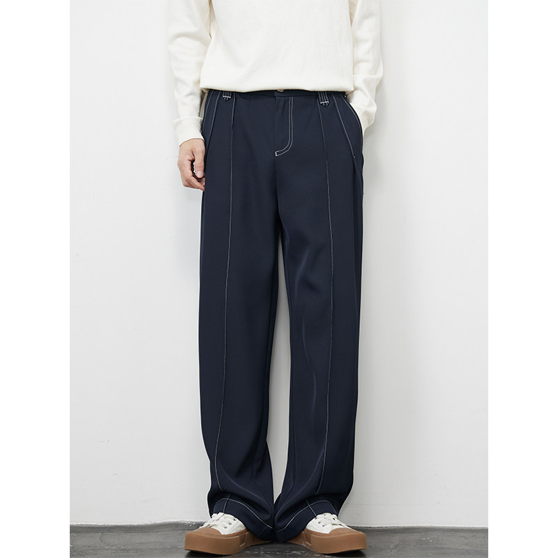 Kuvine秋冬2024新款加绒加厚藏青色男士西裤垂坠感直筒宽松休闲裤