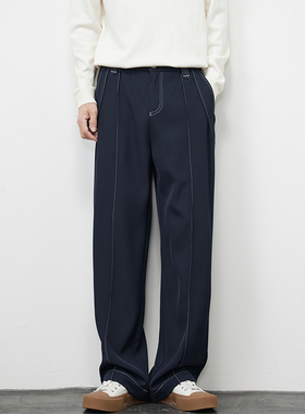 Kuvine秋冬2024新款加绒加厚藏青色男士西裤垂坠感直筒宽松休闲裤