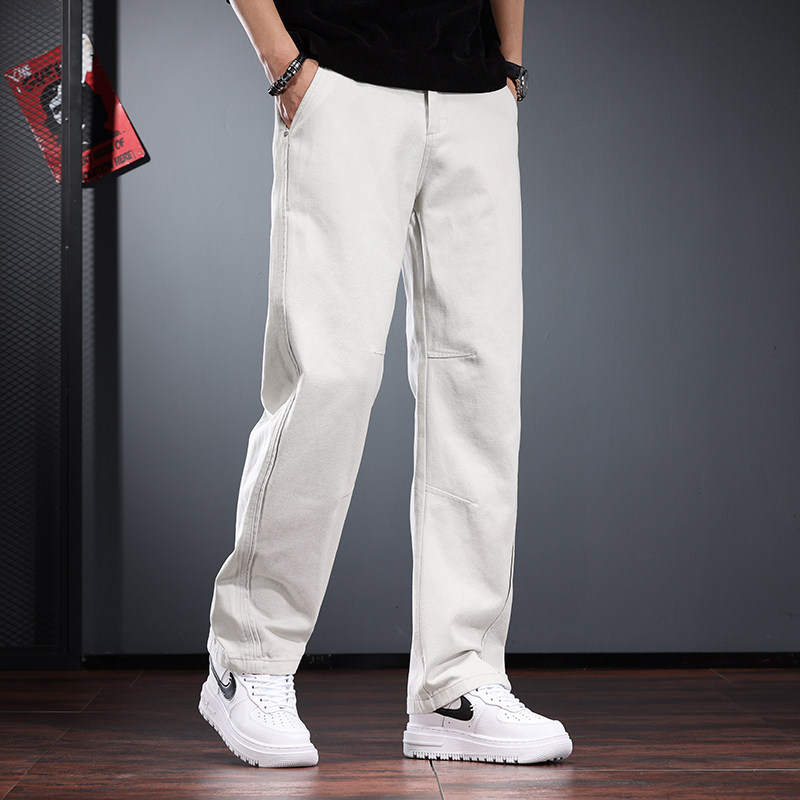 秋冬款休闲牛仔裤男2025潮流加绒长裤子简约百搭米白色宽松直筒裤