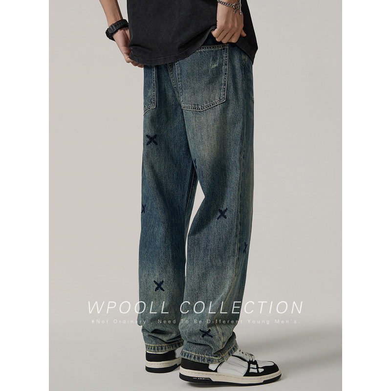 美式高街刺绣牛仔裤男秋季新款男士宽松男裤潮牌痞帅炸街直筒裤子