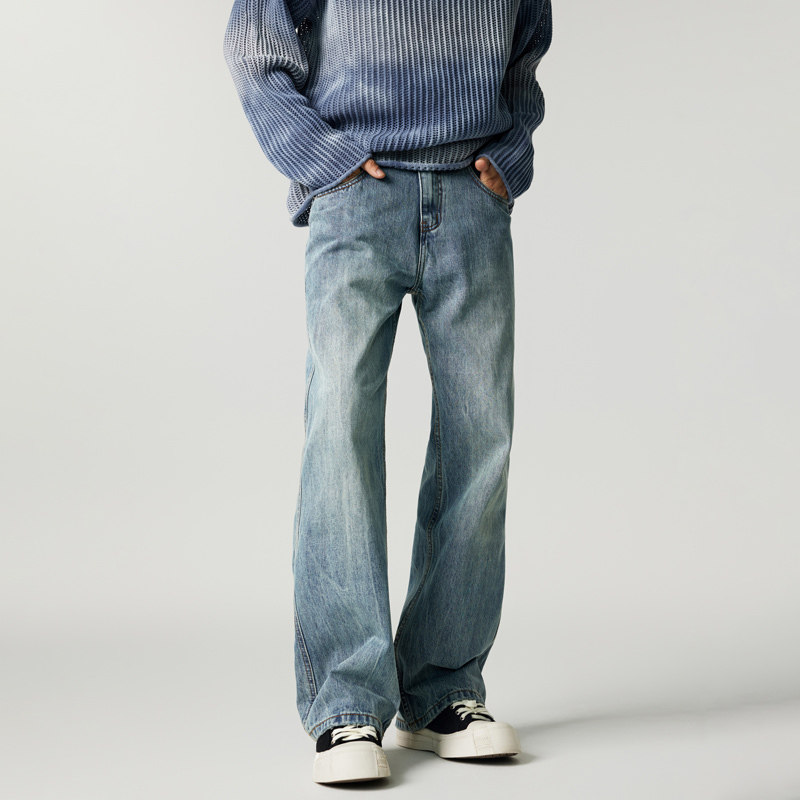 UKTK直筒微喇牛仔裤男高级感cleanfit春秋季潮牌水洗浅蓝色牛仔裤