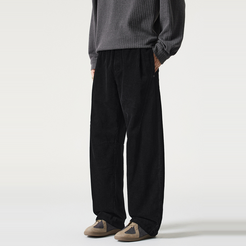 Kuvine秋冬季灯芯绒阔腿裤男款日系复古粗条绒宽松弯刀休闲长裤子