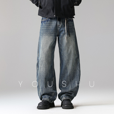 有术美式潮牌做旧牛仔裤男款直筒2025爆款新款冬季加绒阔腿裤子