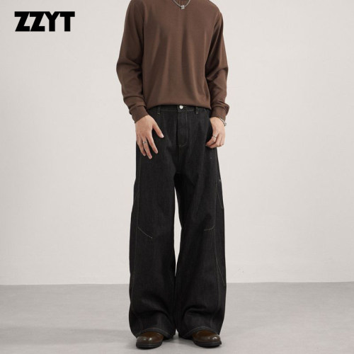 ZZYT美式复古宽松直筒男女水洗垂感解构丹宁原色黑色牛仔裤