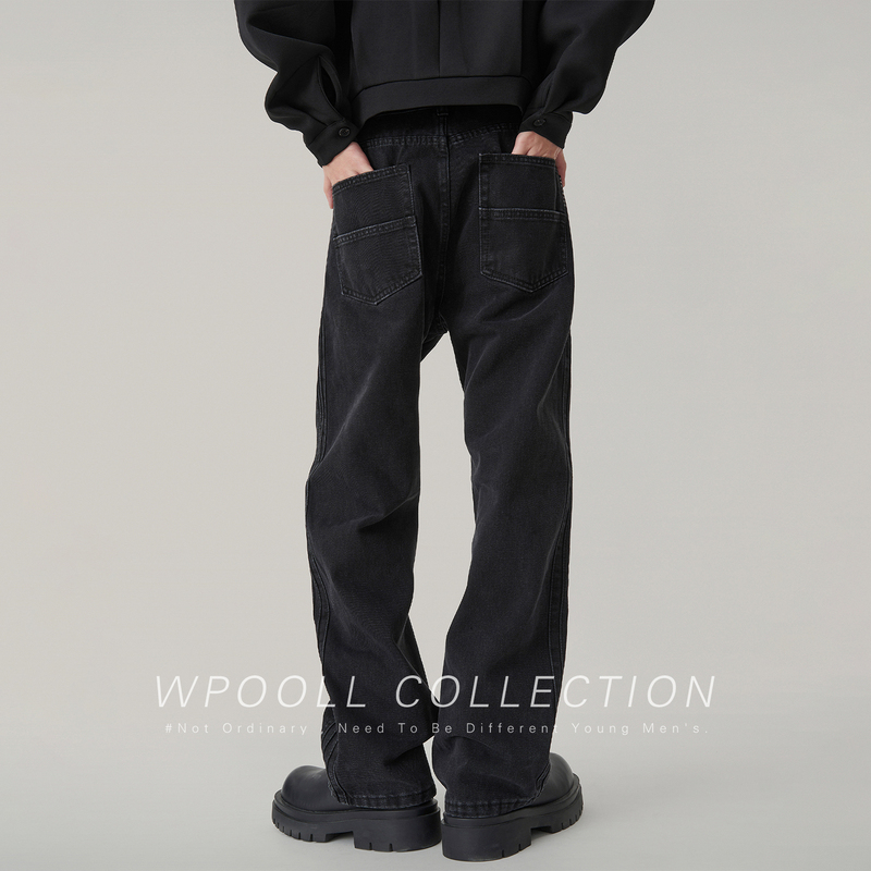 美式水洗黑色直筒牛仔裤男秋冬高街潮流男装宽松休闲男士加绒裤子