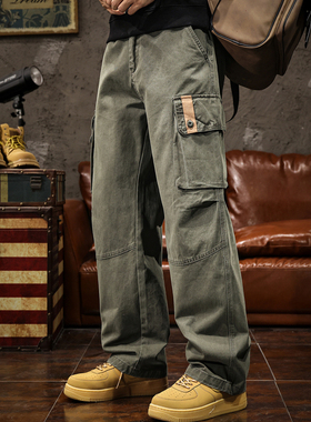 美式高端加绒工装裤男加厚2025秋冬季新款军绿色宽松直筒休闲裤子