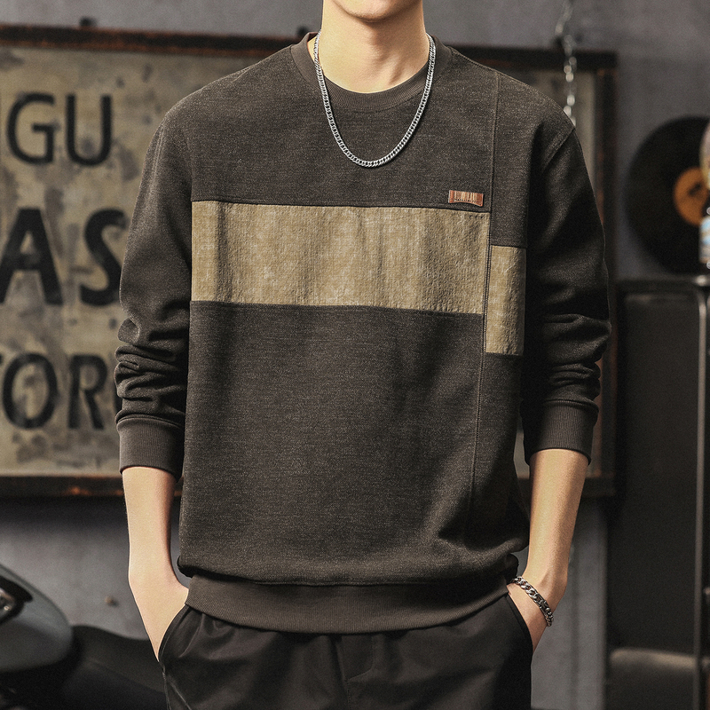 高端复古拼接圆领卫衣男美式高街撞色上衣外套潮宽松仿羊绒打底衫