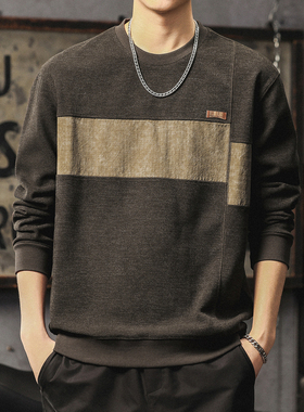 高端复古拼接圆领卫衣男美式高街撞色上衣外套潮宽松仿羊绒打底衫