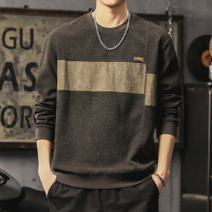 高端复古拼接圆领卫衣男美式高街撞色上衣外套潮宽松仿羊绒打底衫