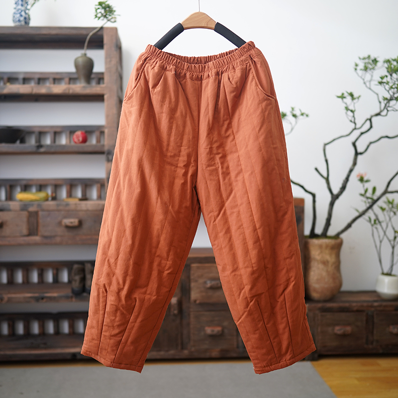 纯棉花填充棉裤女宽松文艺灯笼裤休闲裤冬保暖裤夹棉加厚长裤高腰