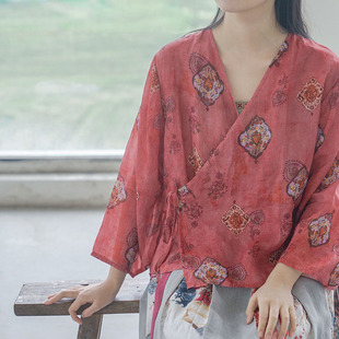 复古温婉文艺斜襟衬衫 原创设计国风宋制苎麻系带开衫 上衣女夏汉服