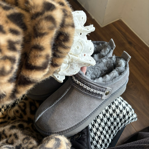 民族风刺绣厚底雪地靴女皮毛一体短筒矮帮保暖一脚蹬防滑增高棉鞋