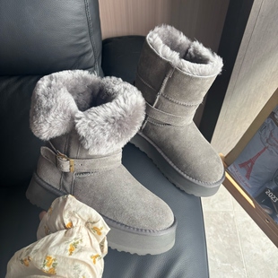 骑士靴皮毛一体厚底雪地靴女2025新款 冬加绒短筒靴子两穿保暖棉鞋