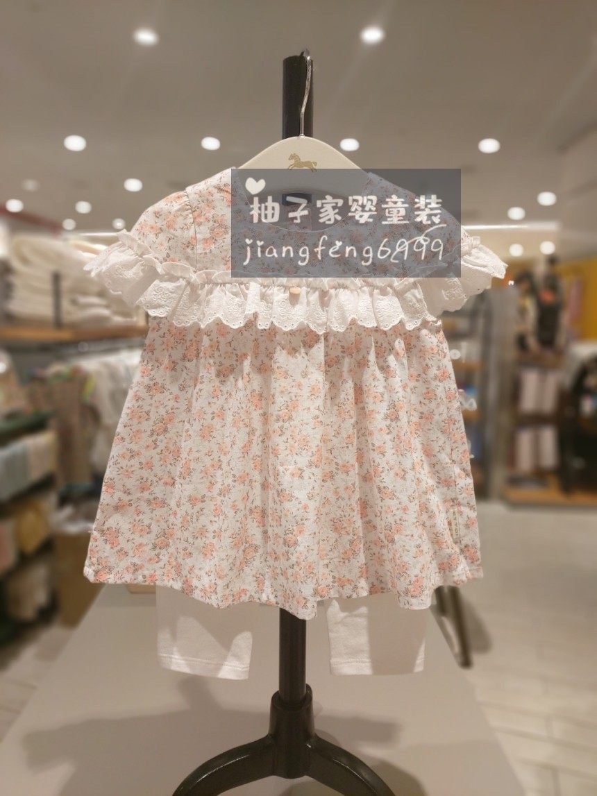 10-130码韩版童装夏女童宝洋气花边领粉碎花裙衫上衣白打底裤套装