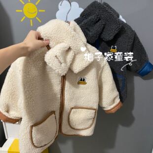 100-130韩童装大黄鹅春秋冬男女宝宝羊羔毛贴布印花围巾棉服外套
