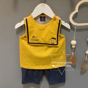 韩国童装夏新品男童宝宝刺绣围巾领拼接黄背心纯棉灰短裤凉快套装