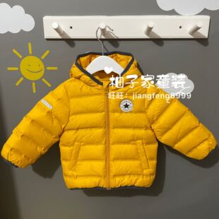 90-130码韩国童装秋冬男女童宝宝灰色包边连帽黄色夹克外套羽绒服