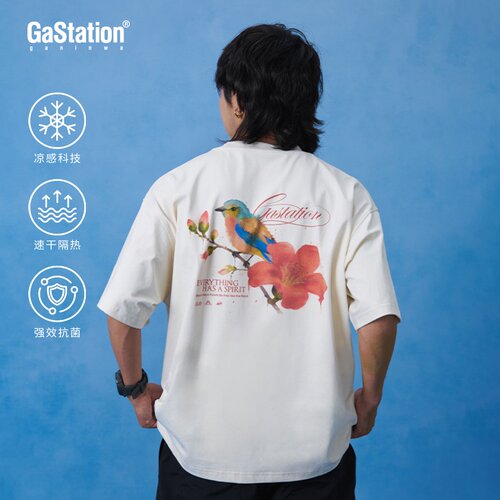 Gastation花鸟T恤  中式水彩印花索罗娜舒适透气夏季短袖230g