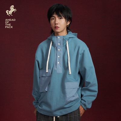 Gastation贴袋连帽卫衣 错落贴袋窗花图案绣花挺阔连帽重磅526g