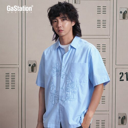Gastation牛津纺短袖衬衫 锁链绣花中式风夏季透气休闲上衣