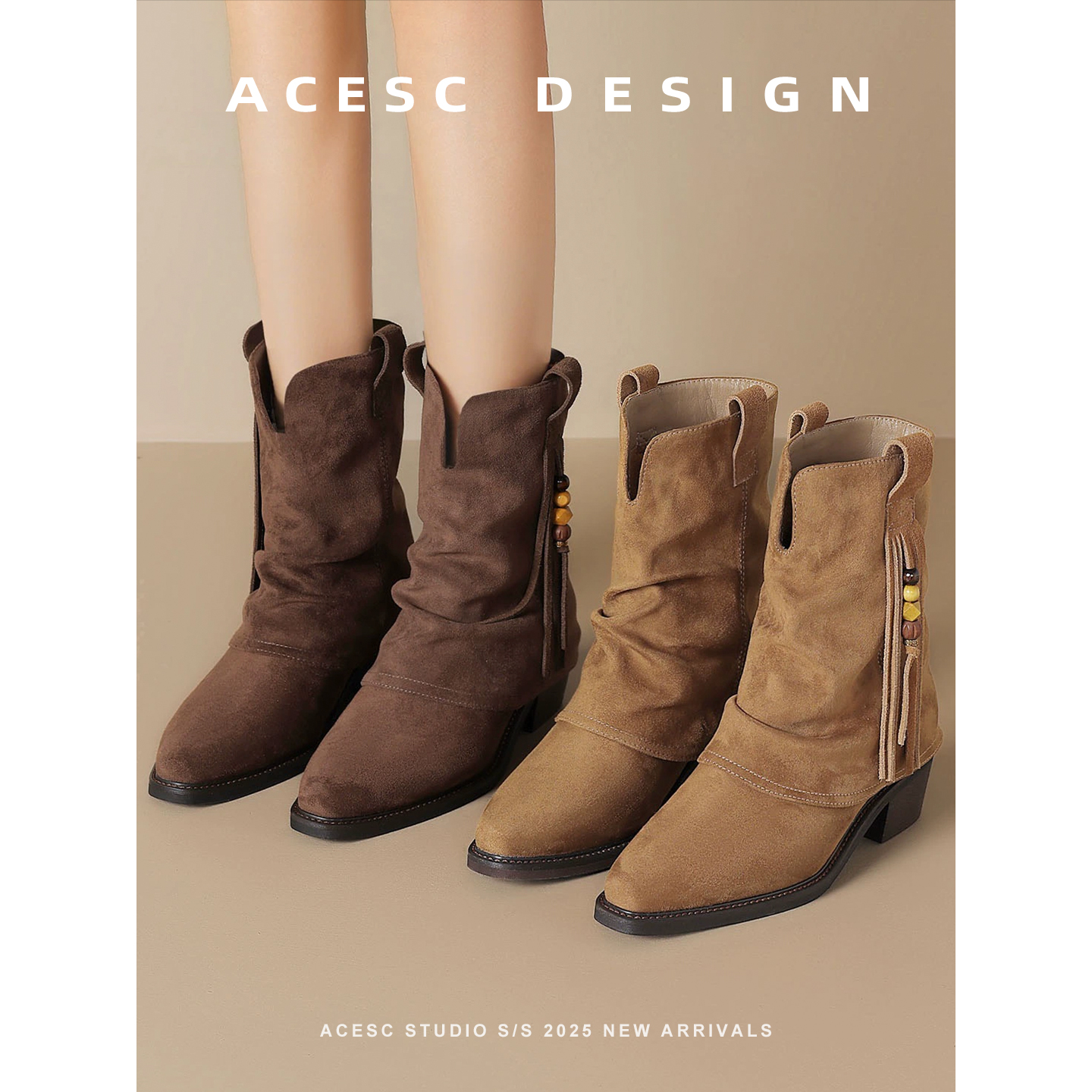 2025新款秋冬靴子粗跟时装靴复古褶皱堆堆靴显瘦尖头气质套筒靴子