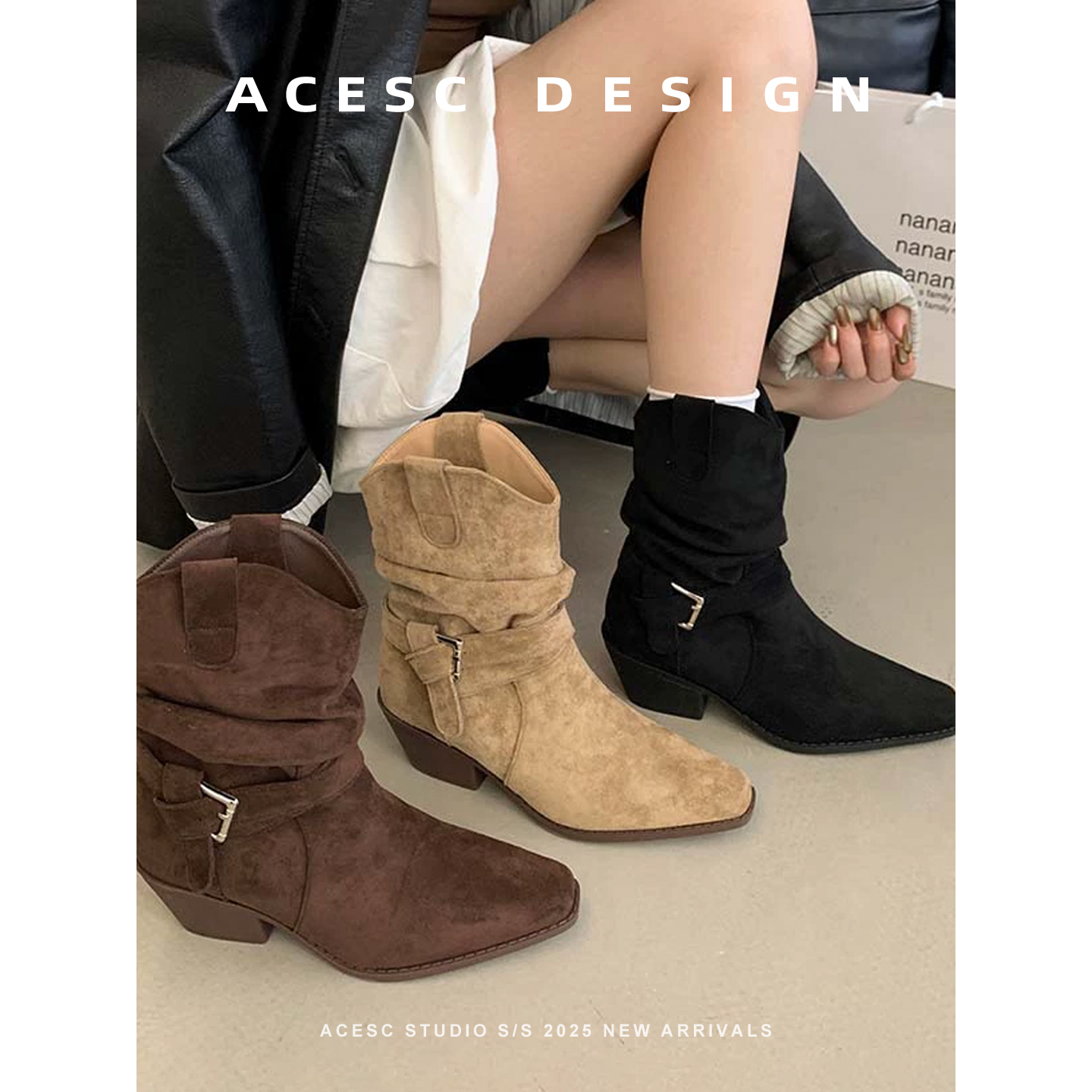 v口短靴女2025秋冬季新款方头粗跟皮带扣套筒靴气质通勤网红短靴