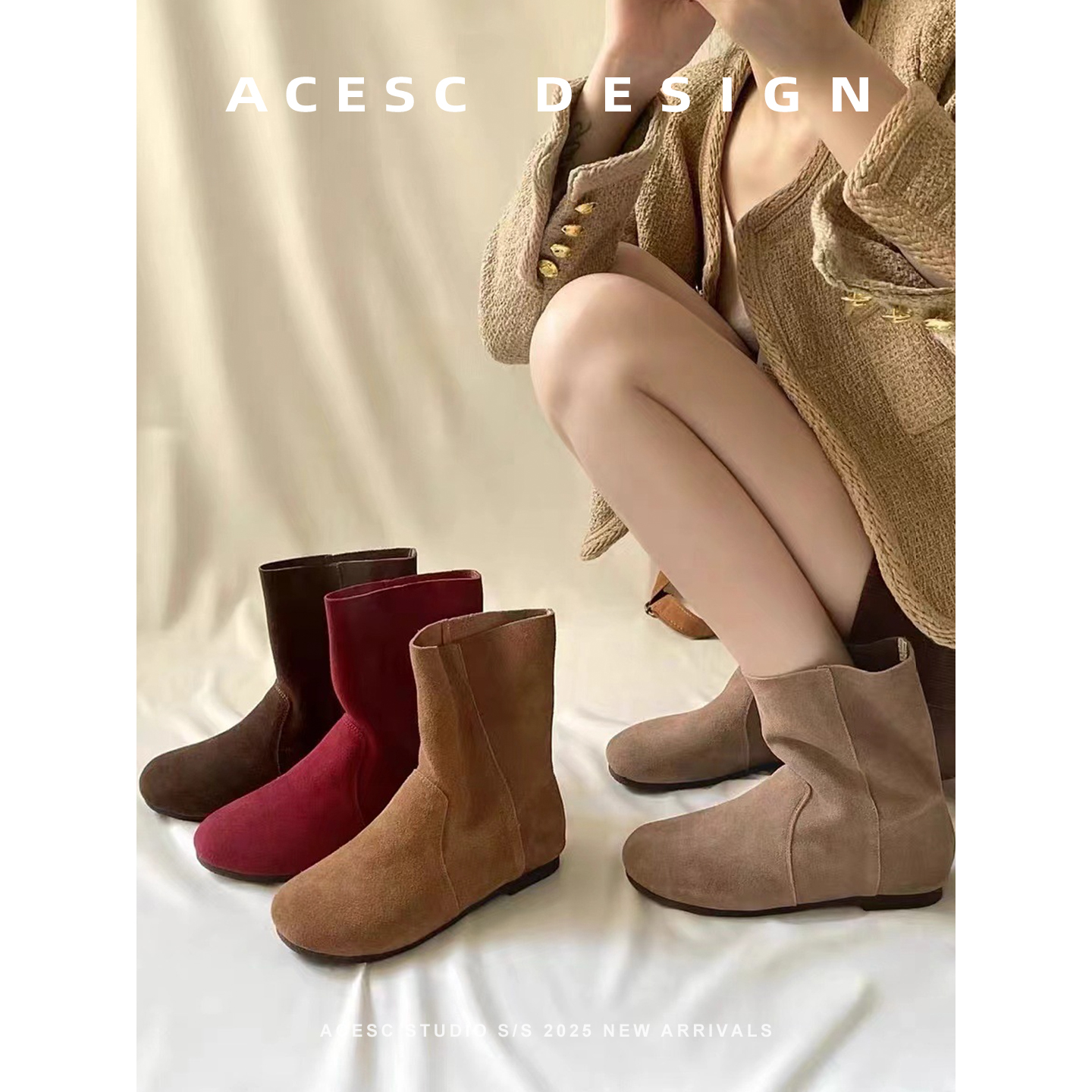 真皮磨砂皮内曾短靴女秋冬新款复古圆头软面舒适百搭马丁靴潮