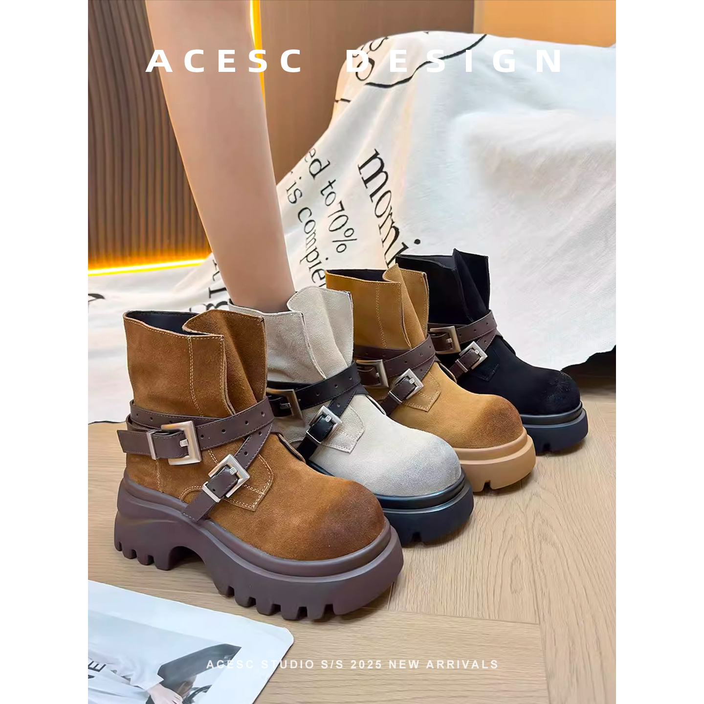 潮酷辣妹~日系涩谷春秋季新款小众擦色增高厚底马丁靴女短靴子潮