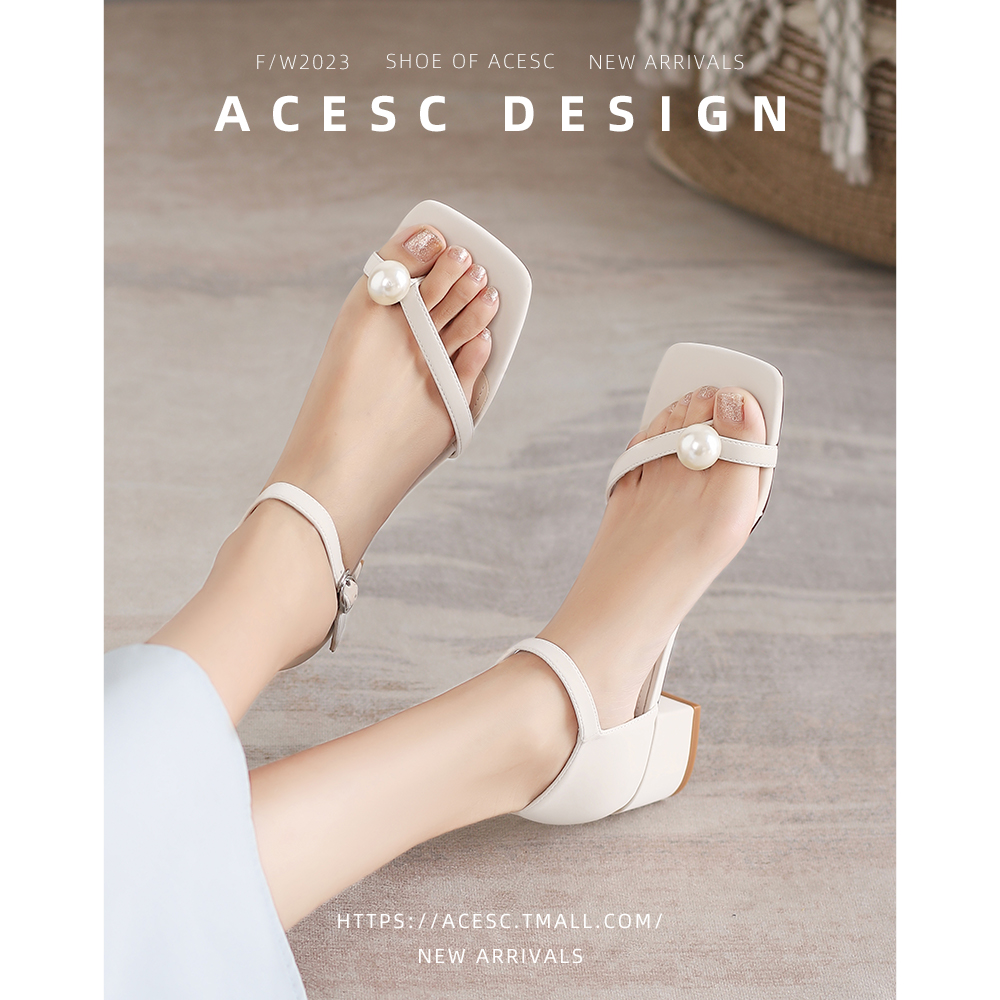 艾斯臣一字带粗跟凉鞋