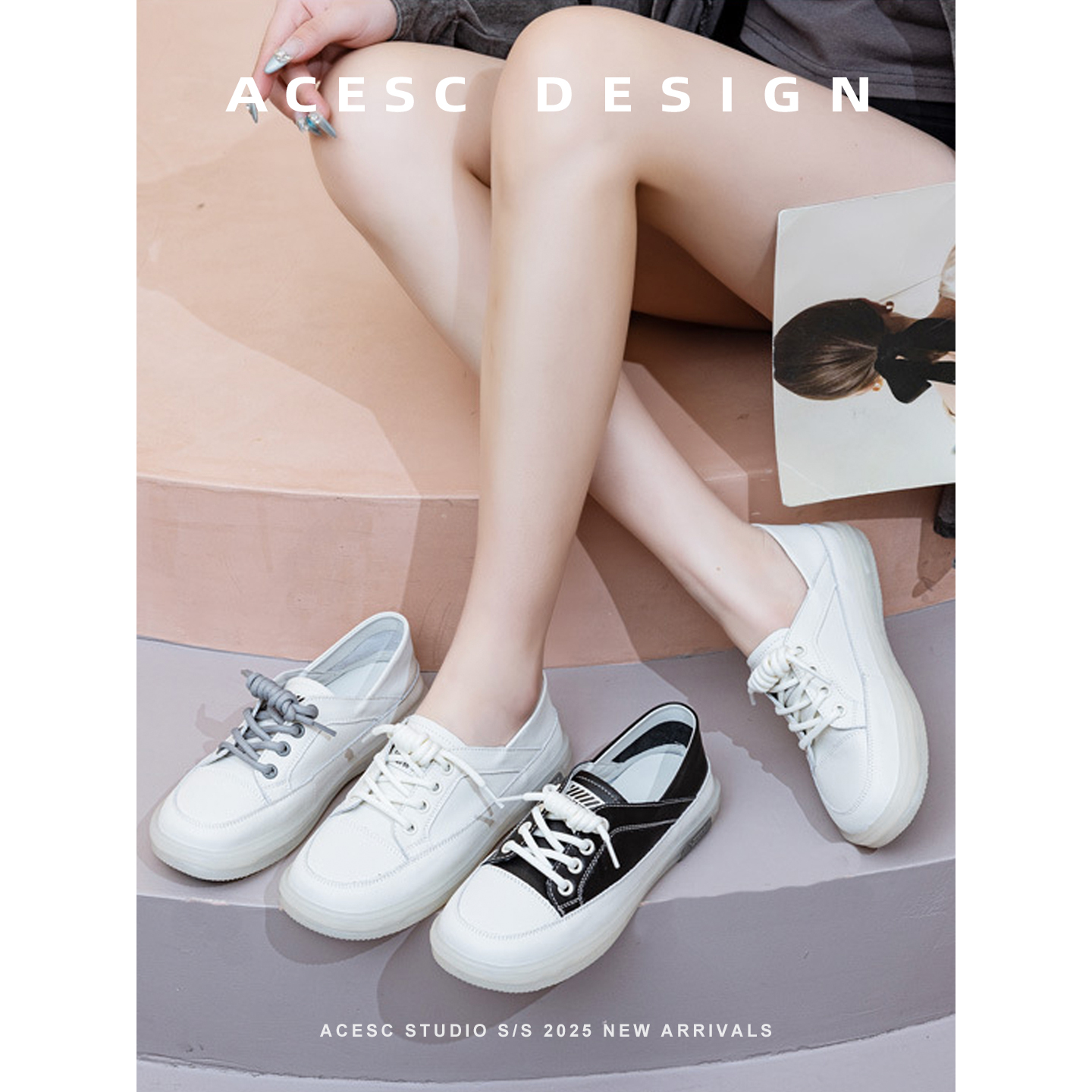 Acesc/艾斯臣真皮小白鞋女2025春夏牛筋底软底软面透气两穿板鞋