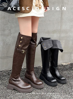 Acesc/艾斯臣2025秋季新款小个子粗跟长筒靴骑士靴黑色靴咖色靴