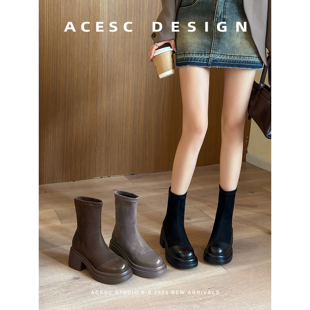 Acesc/艾斯臣粗跟瘦瘦靴袜靴