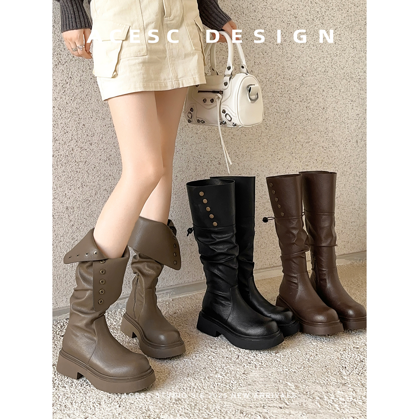 Acesc/艾斯臣2025秋季新款两穿不过膝长靴女百搭骑士铆钉甜酷增高
