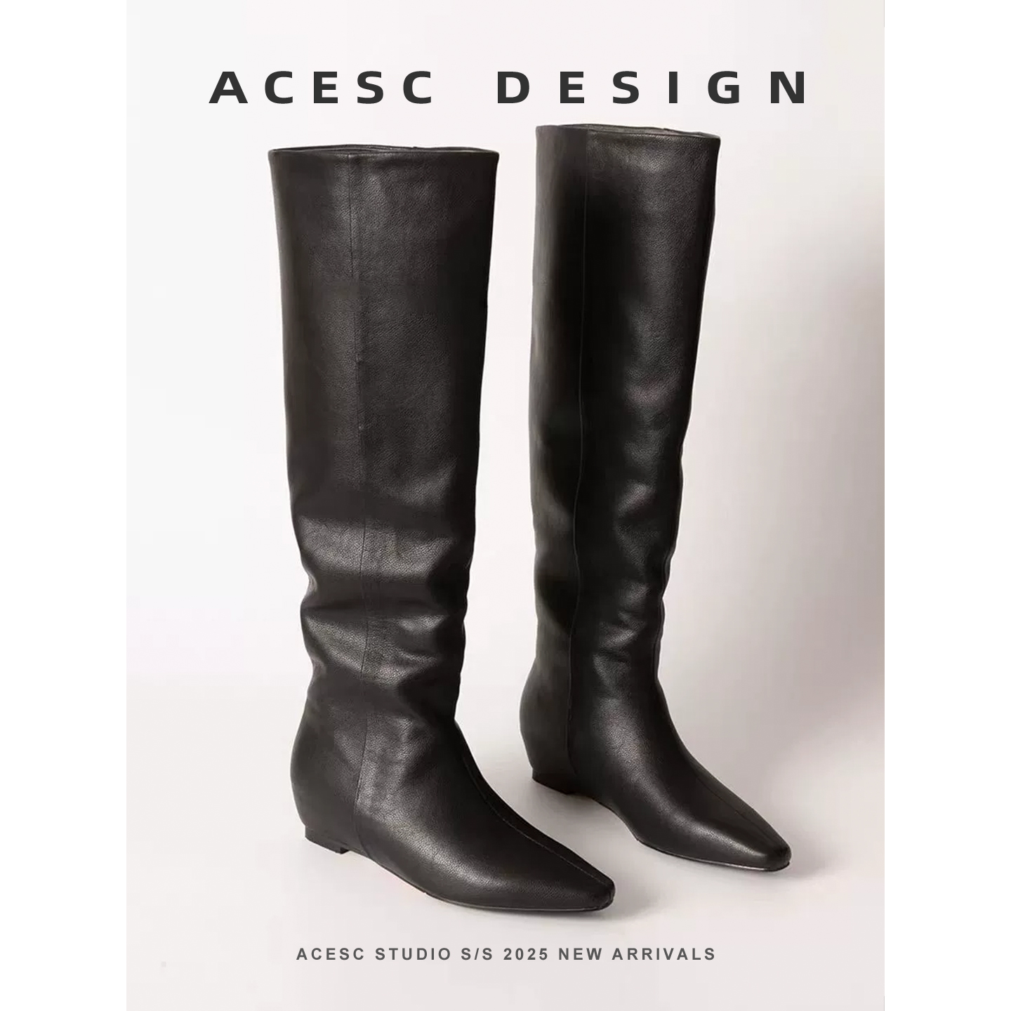 内增高黑色真皮长靴女不过膝复古风小方头平底高筒骑士靴