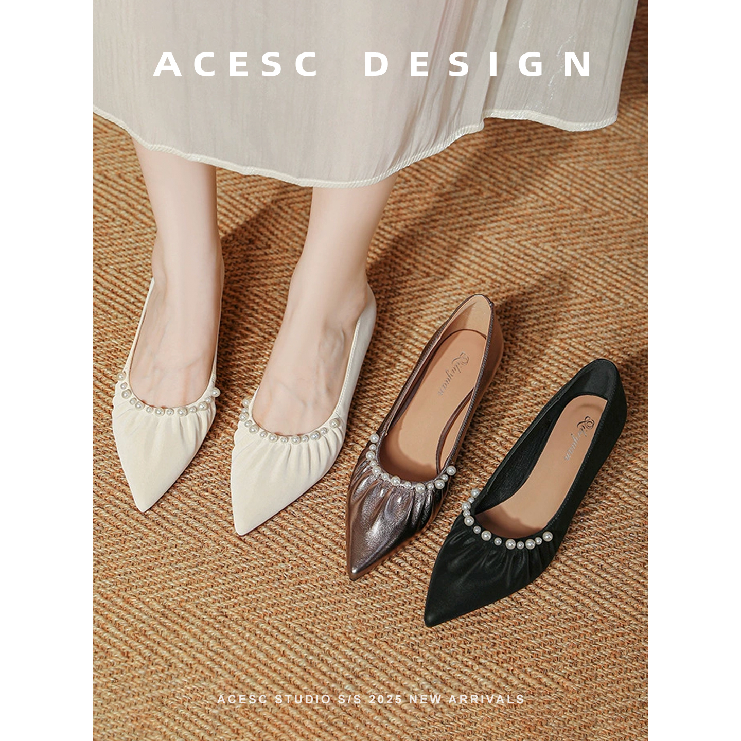 尖头高跟鞋女细跟珍珠时装鞋2025年新款春秋法式软皮褶皱浅口单鞋