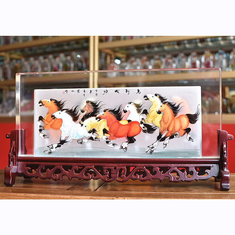 八骏图内画水晶屏风玻璃工艺品