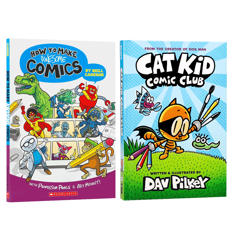 英文原版绘本Cat Kid Comic Club: A Graphic Novel精装/ How to Make Awesome Comics跟内裤超人小彼蒂学美式漫画技法教程系列2本
