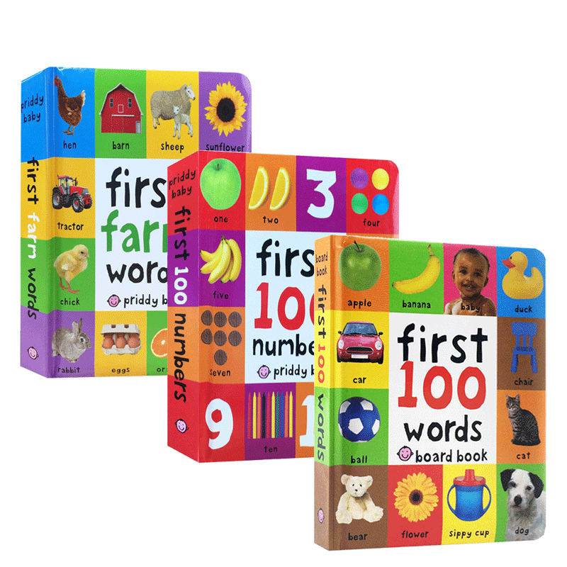 进口英文原版3册 First 100 Animals Trucks Shapes 儿童启蒙动物机器形状词汇小词典 0-3岁宝宝的认知纸板书低幼儿认知启蒙图画书